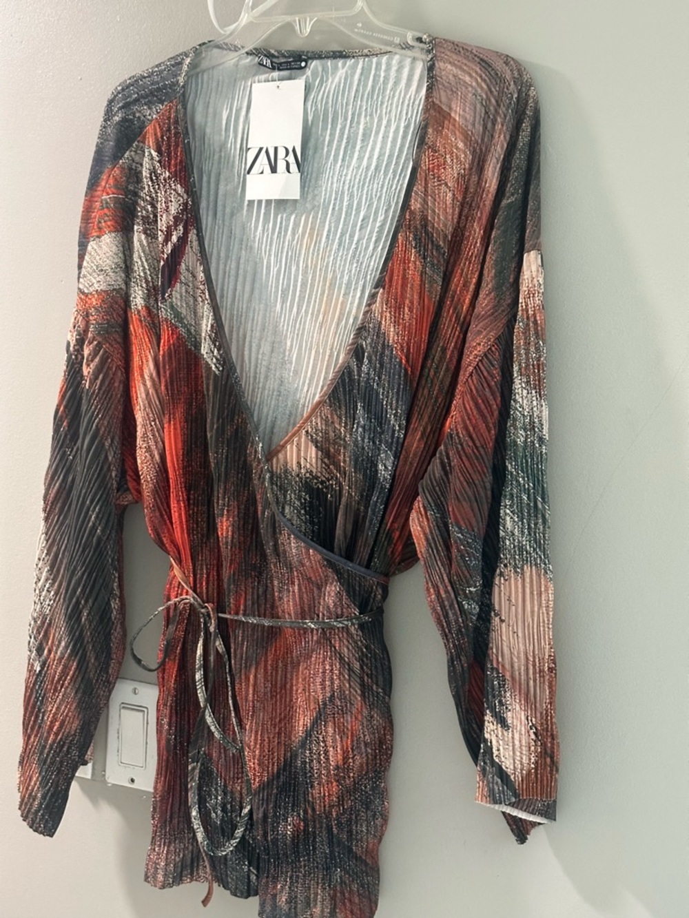 Zara Womens Size Large Pleated Kimono Wrap Top Black Brown Print Flowy NWT